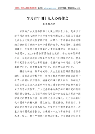 税务部门学习共青团十九大心得（公文搜原创）