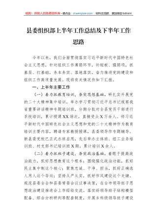 县委组织部上半年工作总结及下半年工作思路