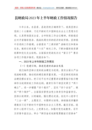 县财政局2023年上半年财政工作情况报告