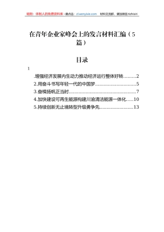 在青年企业家峰会上的发言材料汇编（5篇）