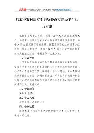 县农业农村局党组巡察整改专题民主生活会方案