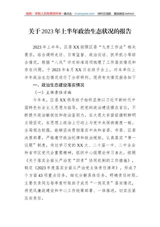 关于2023年上半年政治生态状况的报告
