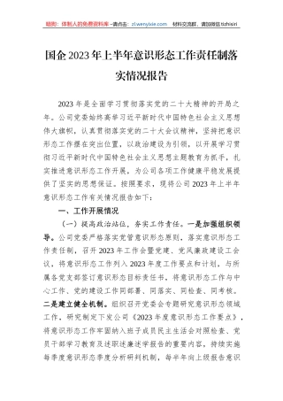国企2023年上半年意识形态工作责任制落实情况报告