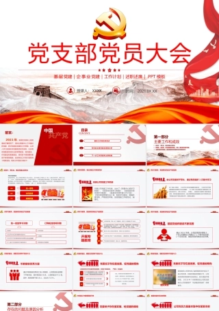 2021党支部党员大会PPT红色大气基层党组织党务工作总结问题分析及工作计划党课模板