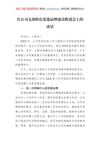 在公司支部特色党建品牌建设推进会上的讲话