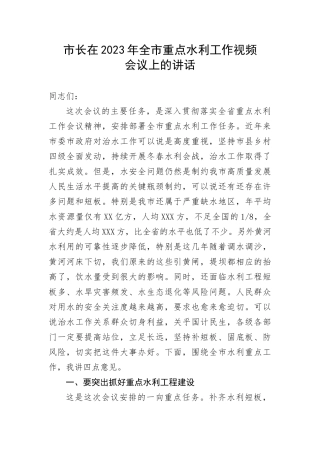 【讲话致辞】市长在2023年全市重点水利工作视频会议上的讲话(1)