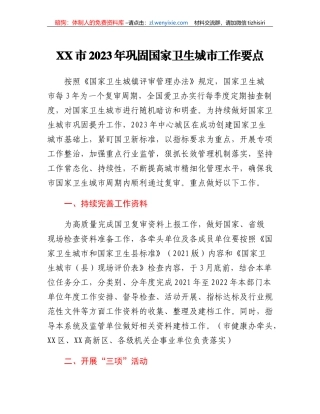 XX市2023年巩固国家卫生城市工作要点