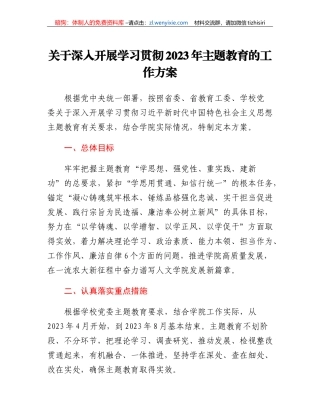 关于深入开展学习贯彻2023年主题教育的工作方案