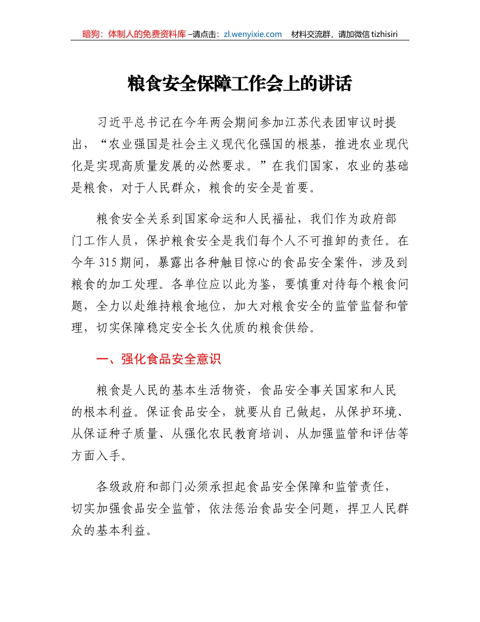 粮食安全保障工作会上的讲话_第1页
