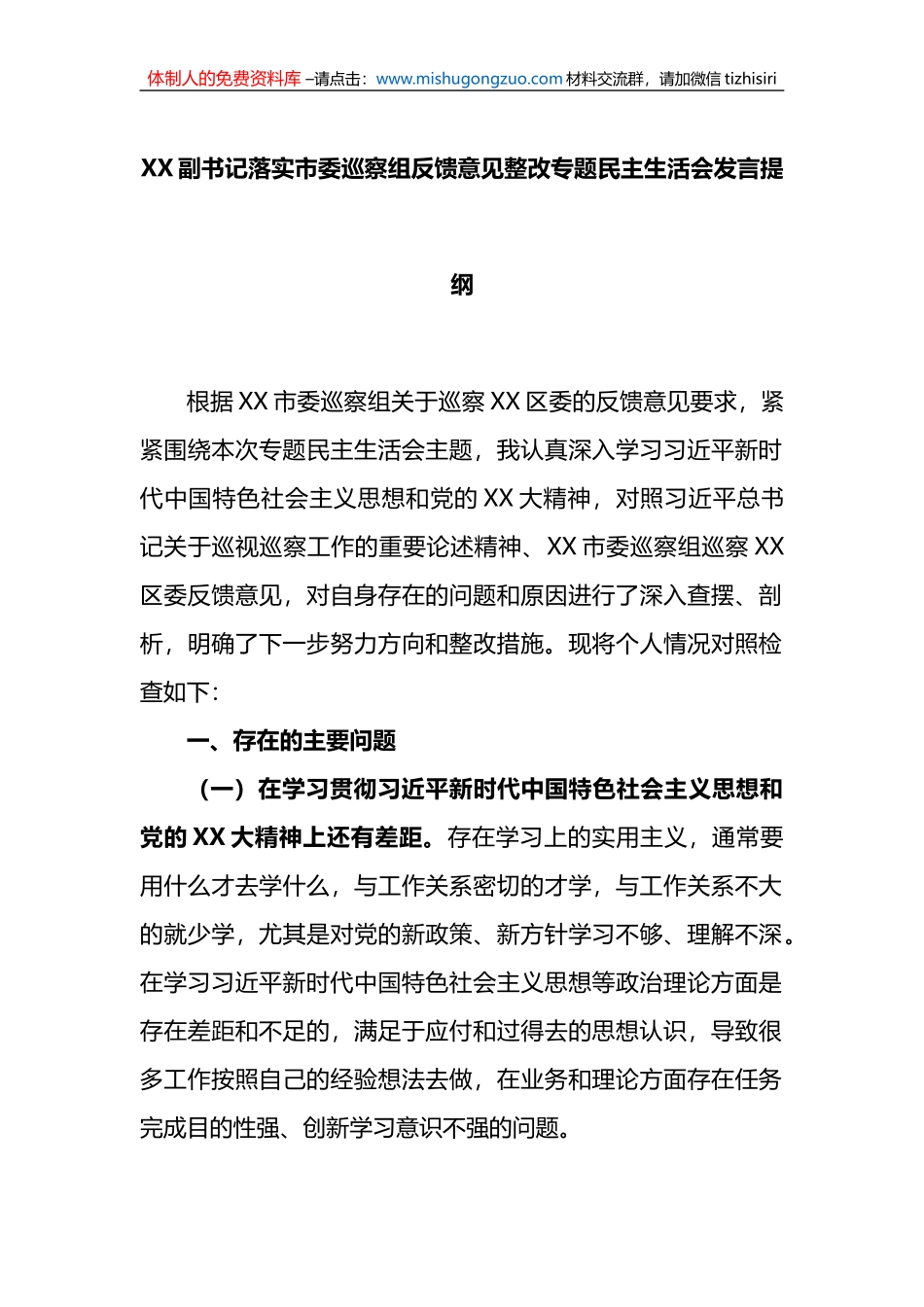 XX副书记落实市委巡察组反馈意见整改专题民主生活会发言提纲_第1页