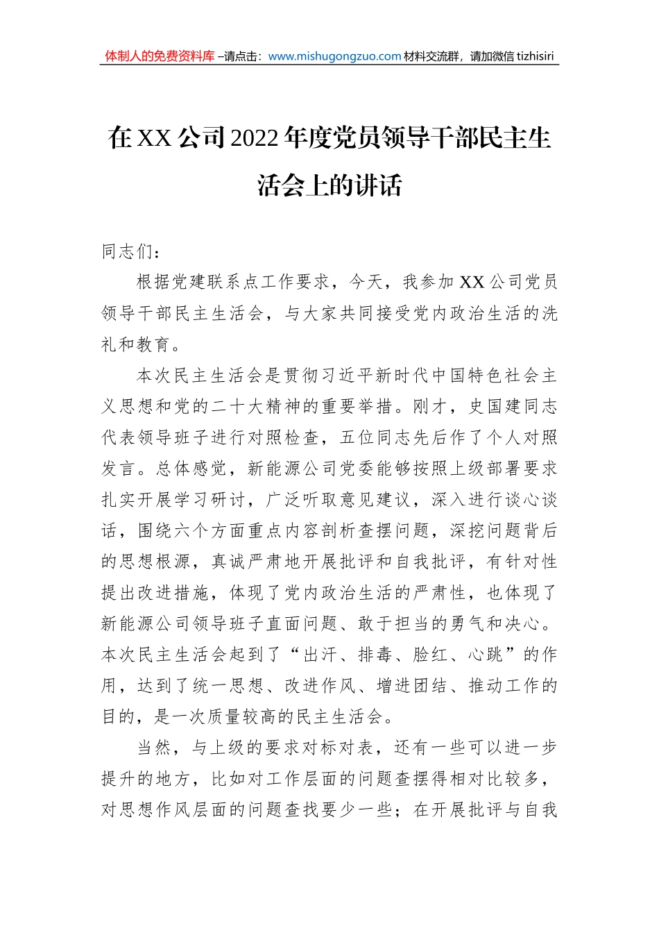 在XX公司2022年度党员领导干部民主生活会上的讲话_第1页