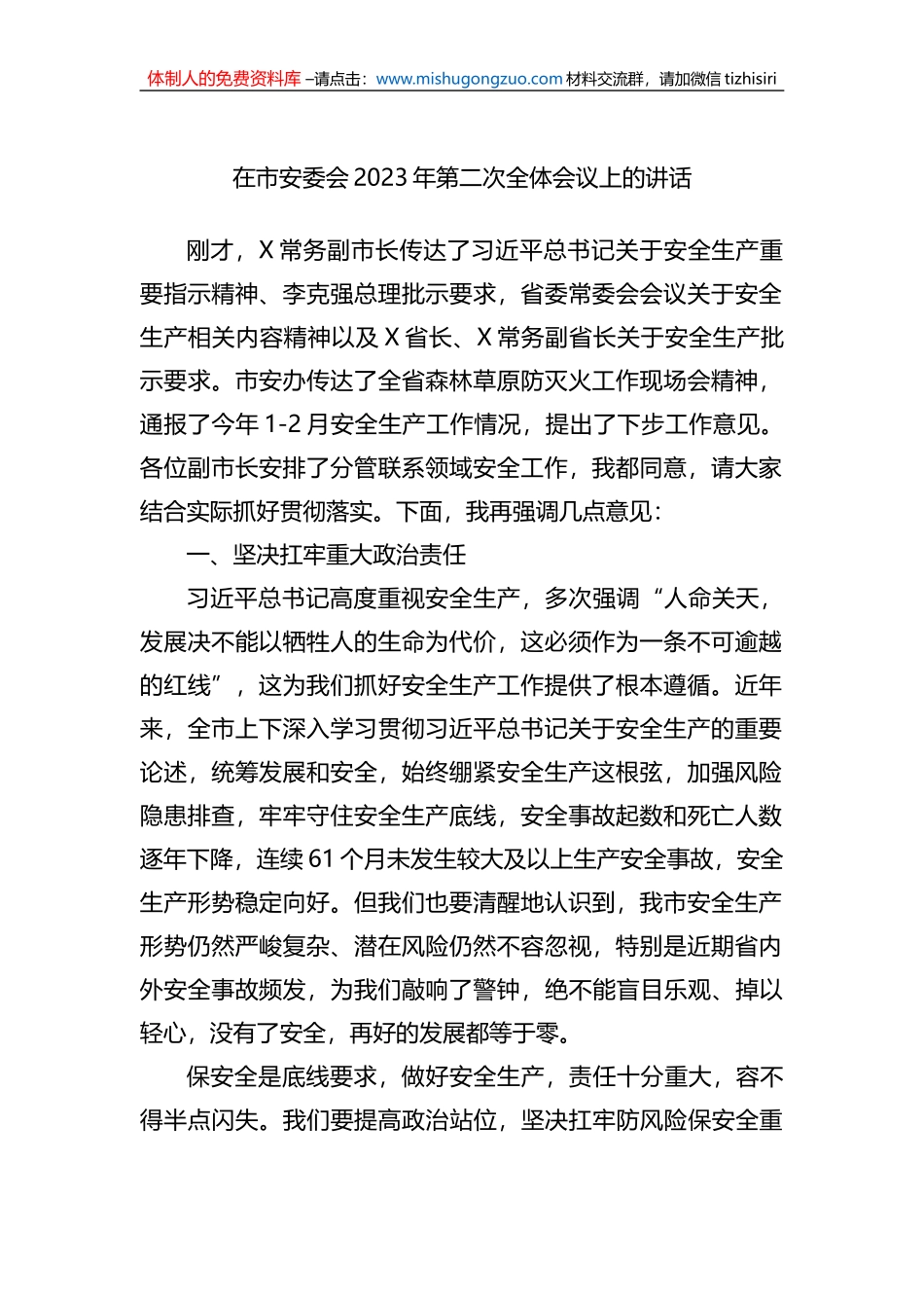 在市安委会2023年第二次全体会议上的讲话_第1页