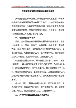 在国资国企专题工作会议上的汇报发言