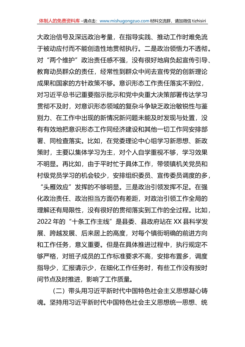 镇党委书记2022年度民主生活会对照检查材料_第2页