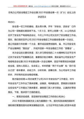 在电力公司安全稳定工作会议暨2023年安委会第一次（扩大）会议上的讲话范文