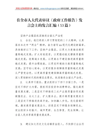 在全市人大代表审议《政府工作报告》发言会上的发言汇编（53条）