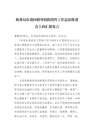 税务局在巡回指导组阶段性工作总结推进会上的汇报发言