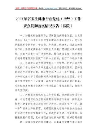 2023年省卫生健康行业党建（指导）工作要点贯彻落实情况报告（医院）