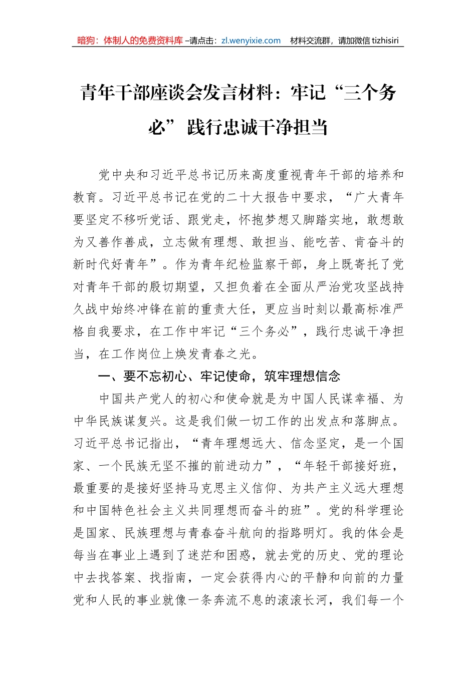 青年干部座谈会发言材料：牢记“三个务必”+践行忠诚干净担当_第1页