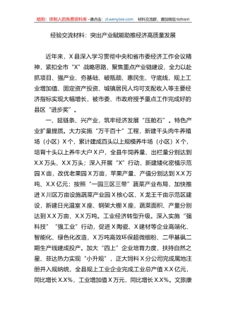 经验交流材料：突出产业赋能助推经济高质量发展