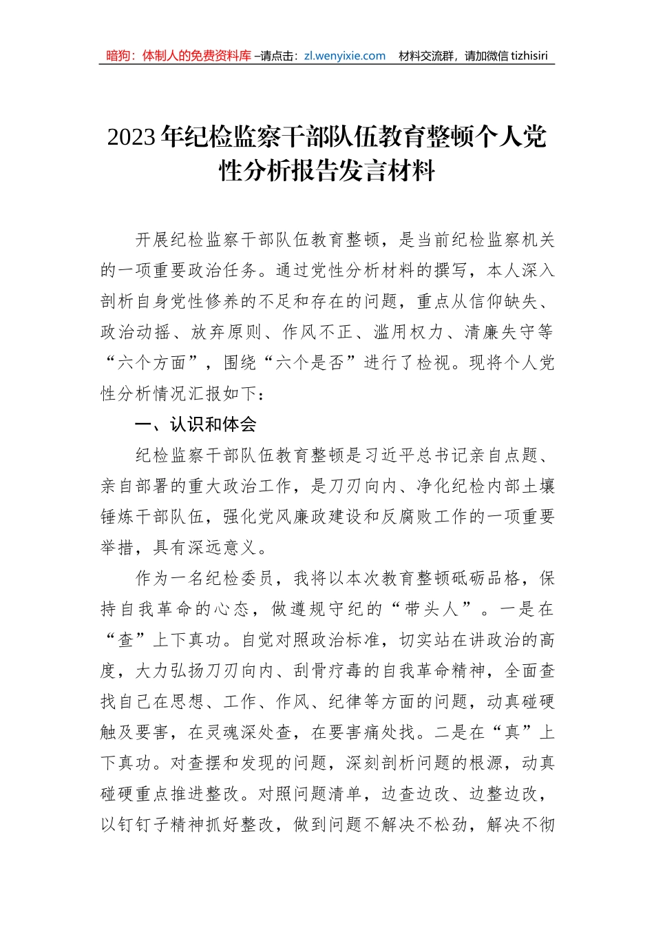 2023年纪检监察干部队伍教育整顿个人党性分析报告发言材料_第1页