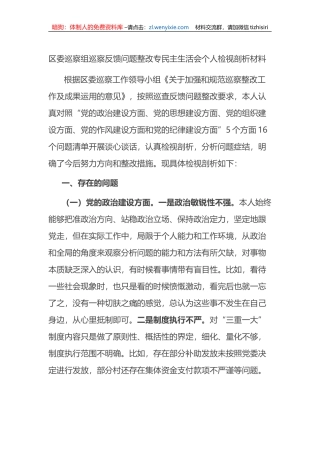 区委巡察组巡察反馈问题整改专民主生活会个人检视剖析材料