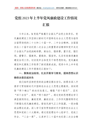 党组2023年上半年党风廉政建设工作情况汇报