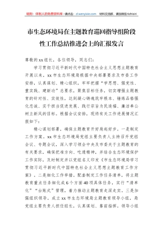 市生态环境局在主题教育巡回指导组阶段性工作总结推进会上的汇报发言