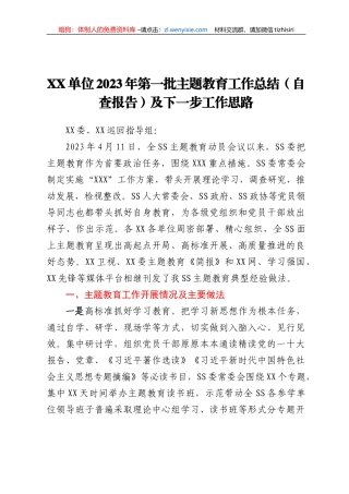 XX单位2023年第一批主题教育工作总结（自查报告）及下一步工作思路