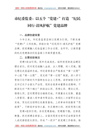 市纪委监委：以五个“党建+”打造+“纪民同行·清风护航”党建品牌