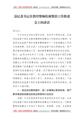 县纪委书记在教育整顿检视整治工作推进会上的讲话
