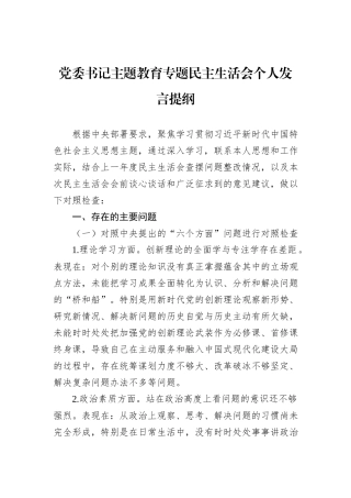 党委书记主题教育专题民主生活会个人发言提纲