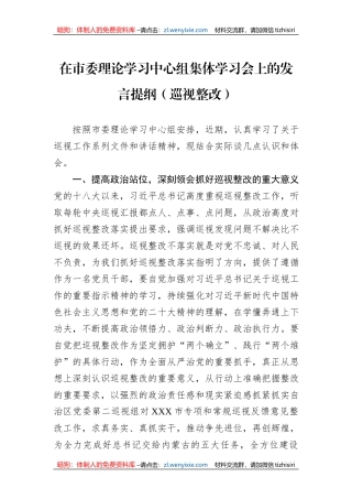 在市委理论学习中心组集体学习会上的发言提纲（巡视整改）