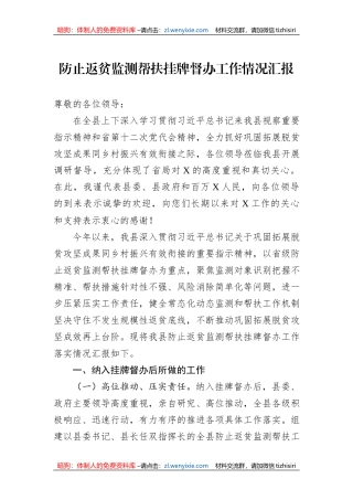 防止返贫监测帮扶挂牌督办工作情况汇报