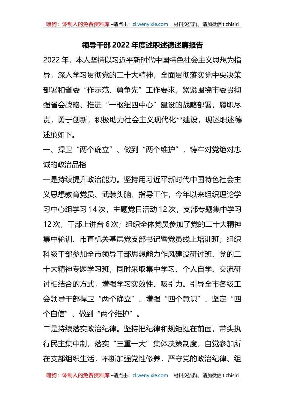 领导干部2022年度述职述德述廉报告_第1页