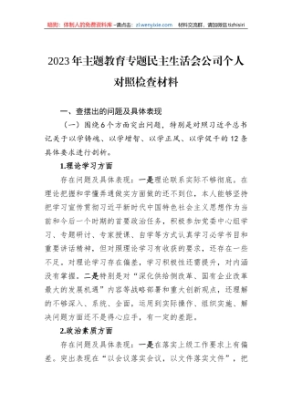 2023年主题教育专题民主生活会公司个人对照检查材料
