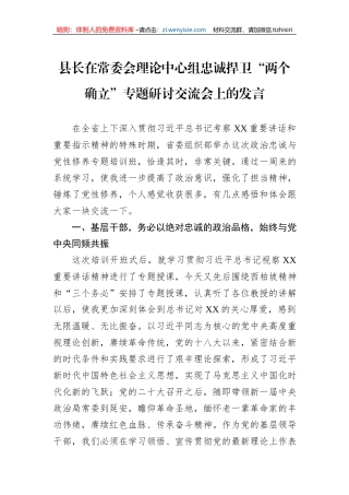 县长在常委会理论中心组忠诚捍卫“两个确立”专题研讨交流会上的发言