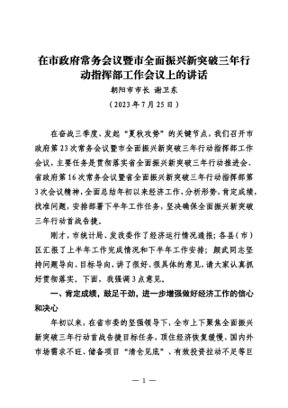 在市政府常务会议暨市全面振兴新突破三年行动指挥部工作会议上的讲话