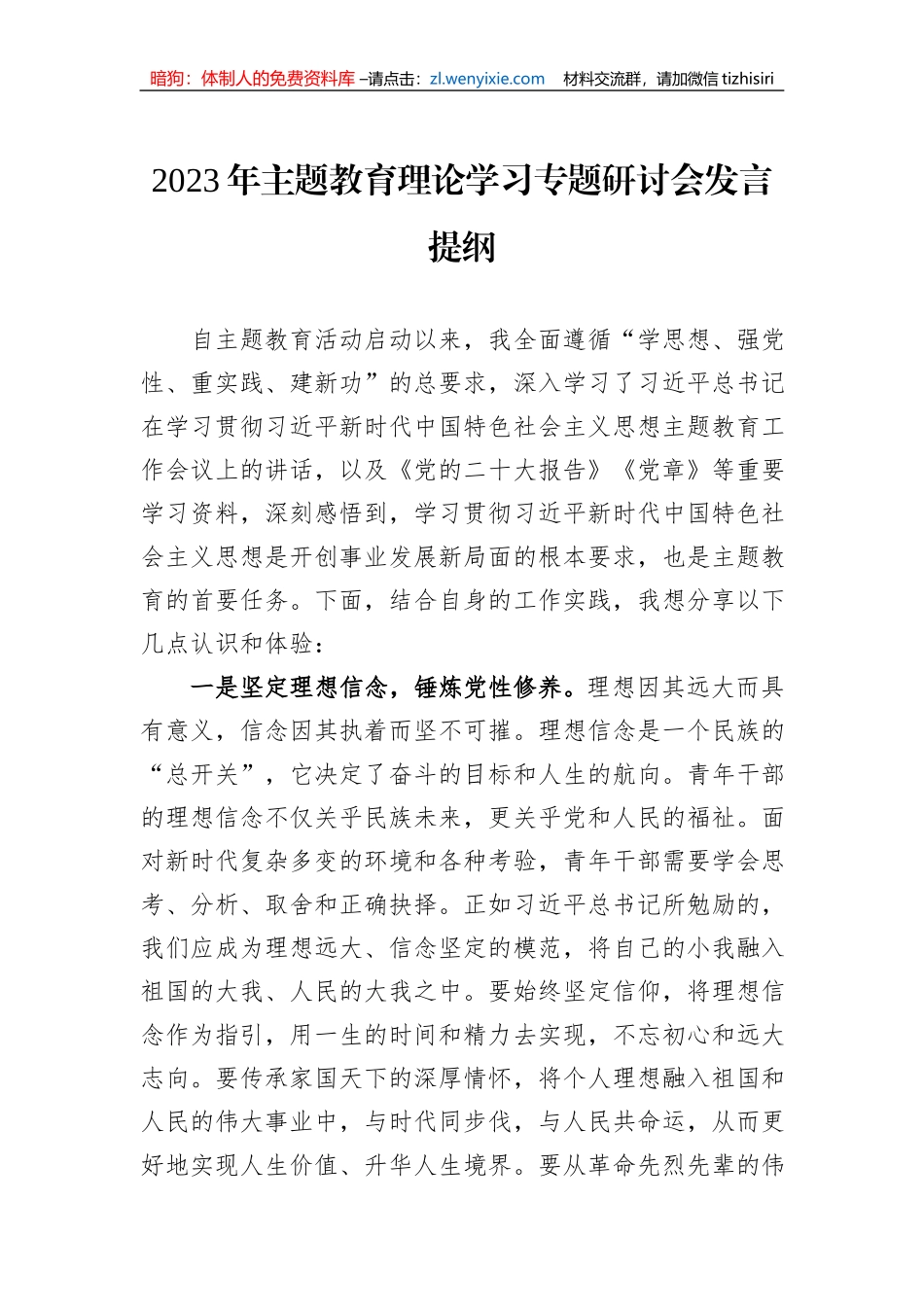 2023年主题教育理论学习专题研讨会发言提纲_第1页