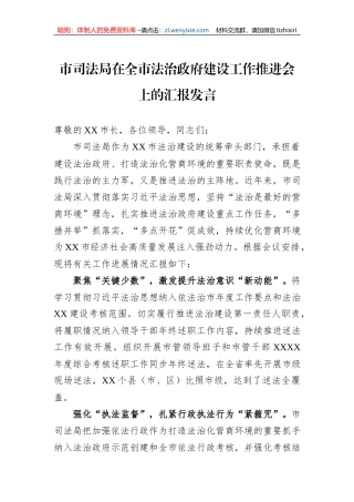 市司法局在全市法治政府建设工作推进会上的汇报发言