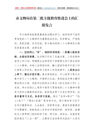 市文物局在第二批主题教育推进会上的汇报发言
