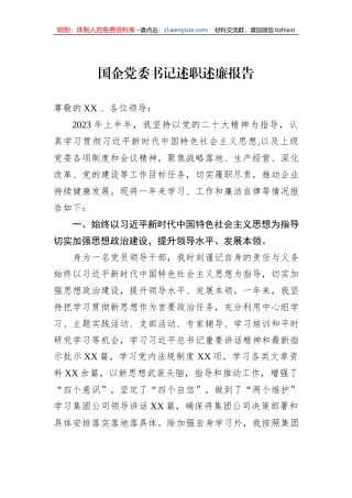 国企党委书记述职述廉报告