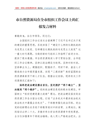 市自然资源局在全市组织工作会议上的汇报发言材料