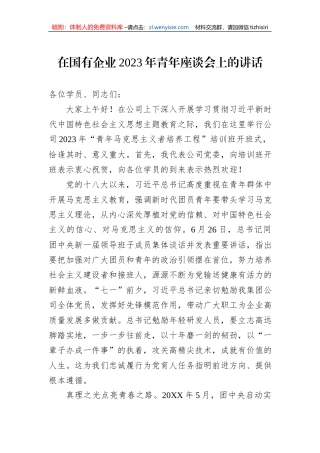 在国有企业2023年青年座谈会上的讲话
