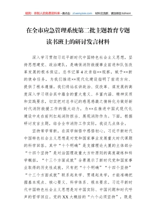 在全市应急管理系统第二批主题教育专题读书班上的研讨发言材料