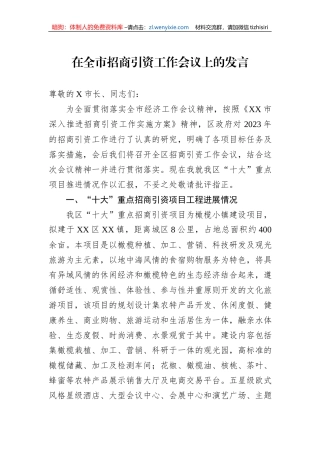 在全市招商引资工作会议上的发言