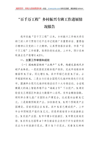 “百千万工程”乡村振兴专班工作进展情况报告