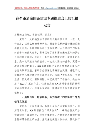 在全市清廉国企建设专题推进会上的汇报发言