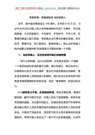 专题党课：青春献给党+当好举旗人