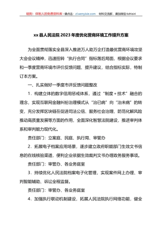 XX县人民法院2023年度优化营商环境工作提升方案